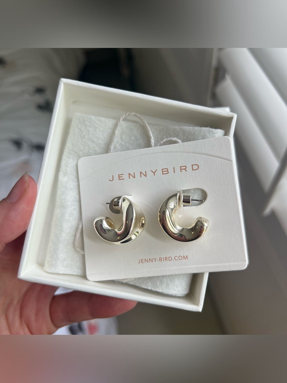 Jenny Bird Silver Chunky Doune Curved Hoop Earrings with box